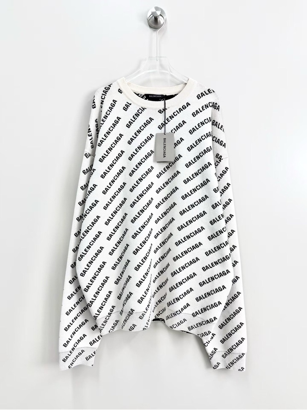 Balenciaga White Crewneck Sweater with Black Logo Print